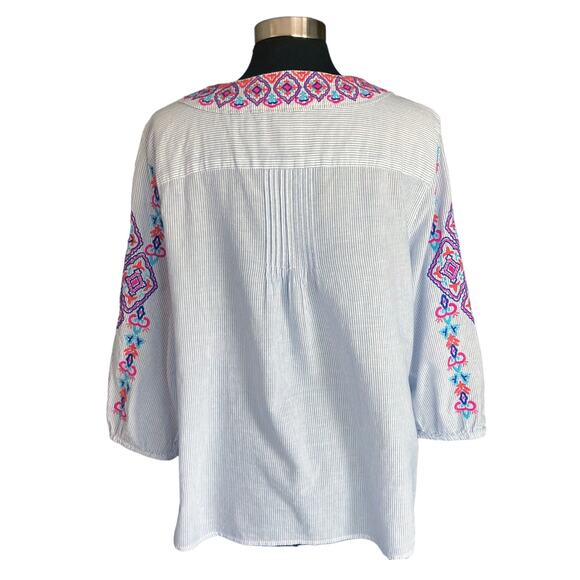Chico's Blue White Stripe Popover Top Embroidered Beaded Tassels Size XL/16 Boho - Picture 7 of 13